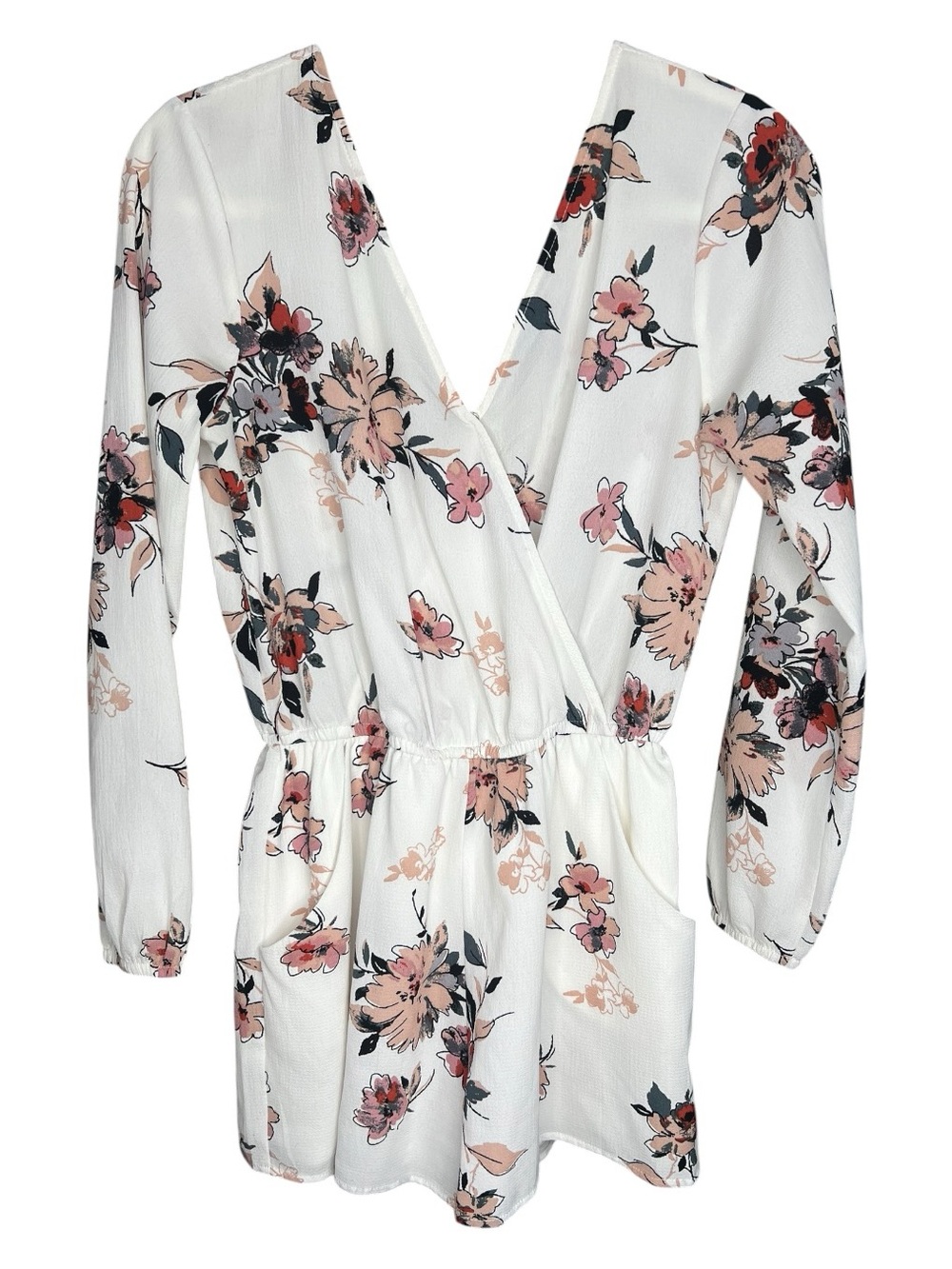 ONE Clothing Floral Wrap Long Sleeve Romper Size Medium M cream Pink